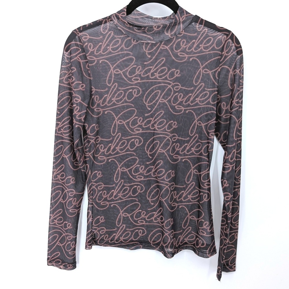 Rodeo Western‎ Sheer Mesh Top Women Small Black Mock Neck Long Sleeve Goth Edgy